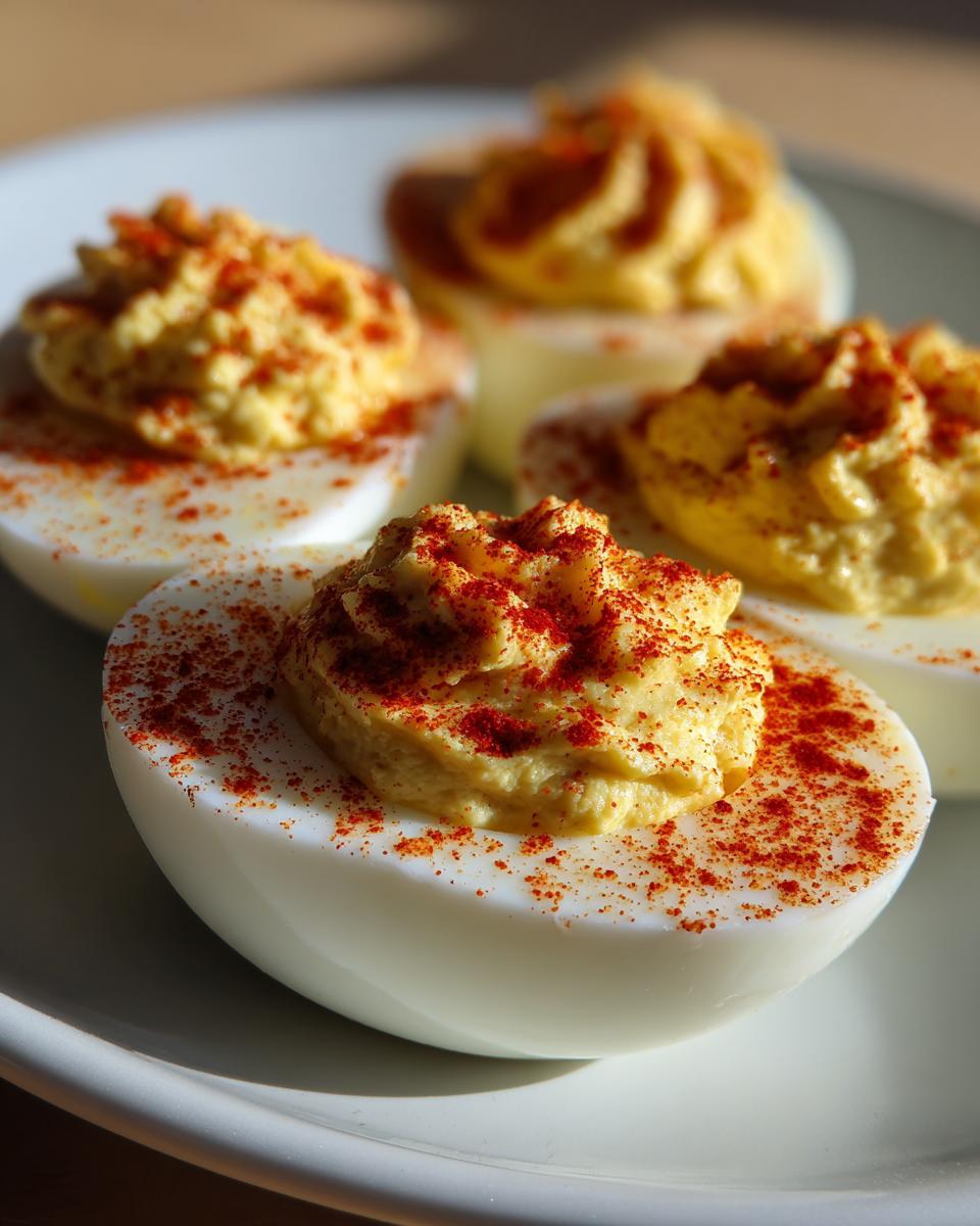 Close-up of four perfectly piped deviled eggs sprinkled generously with bright red paprika.