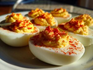 Close-up of several perfectly made deviled eggs, piped high with filling and dusted generously with bright red paprika.
