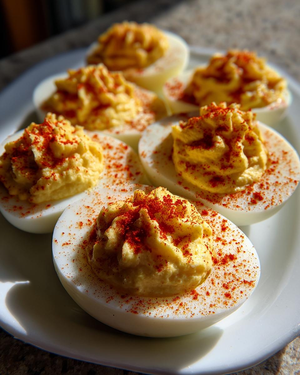 Close-up of several perfectly piped deviled eggs sprinkled generously with bright red paprika on a white plate.