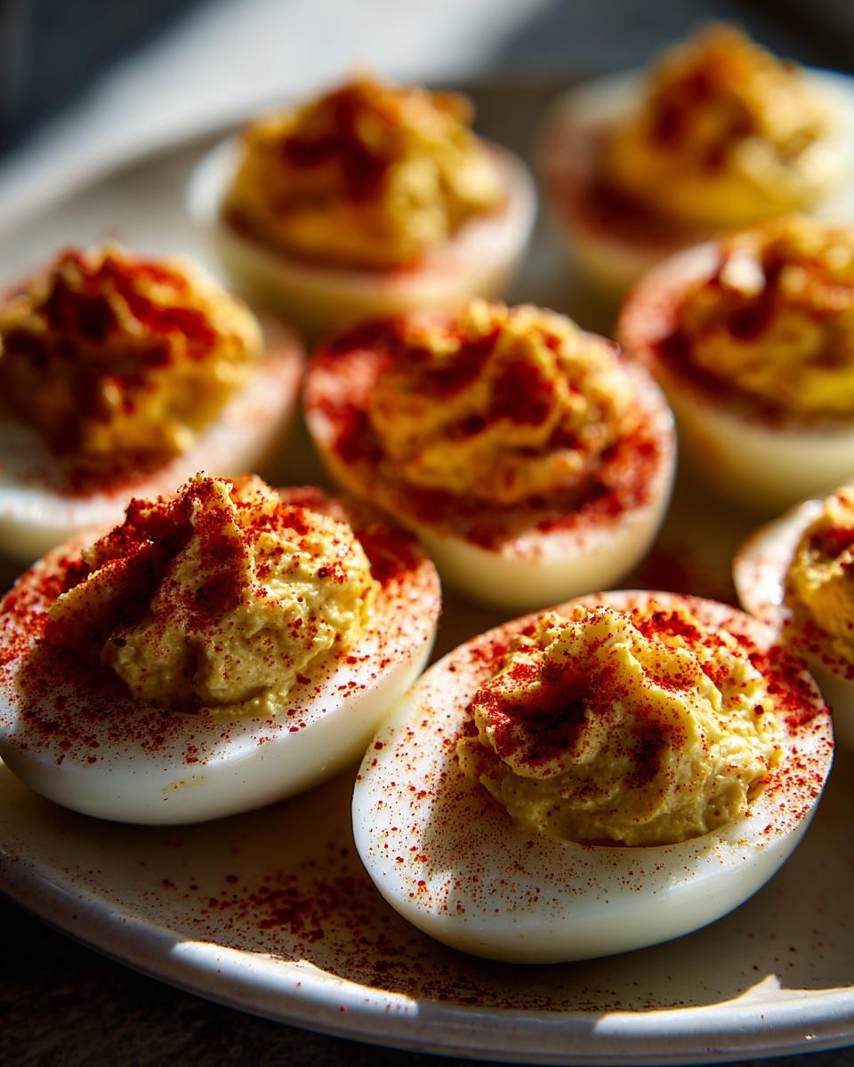 Close-up of several perfectly prepared deviled eggs topped with creamy filling and a dusting of bright red paprika.
