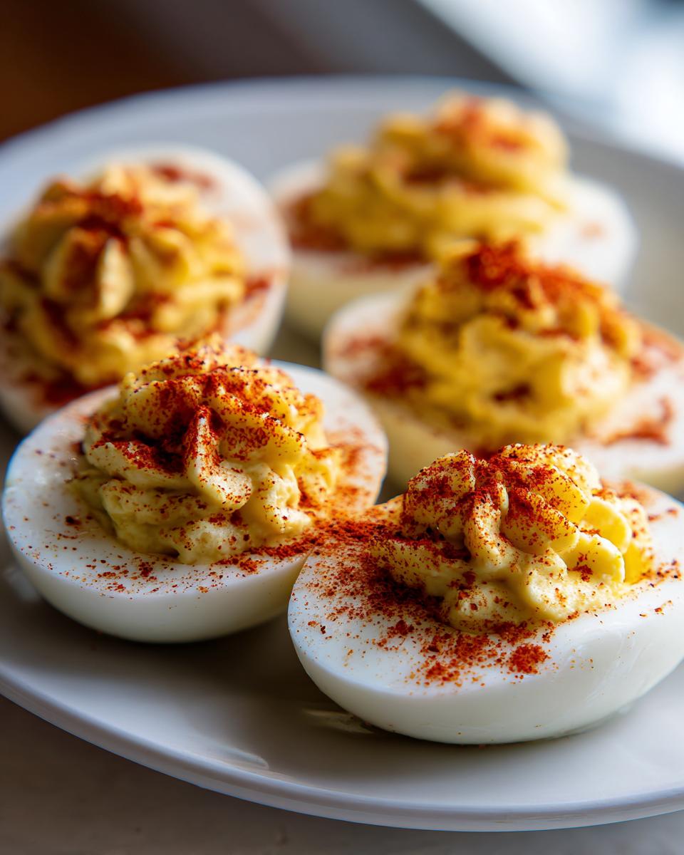 Close-up of perfectly piped deviled eggs sprinkled generously with bright red paprika on a white plate.