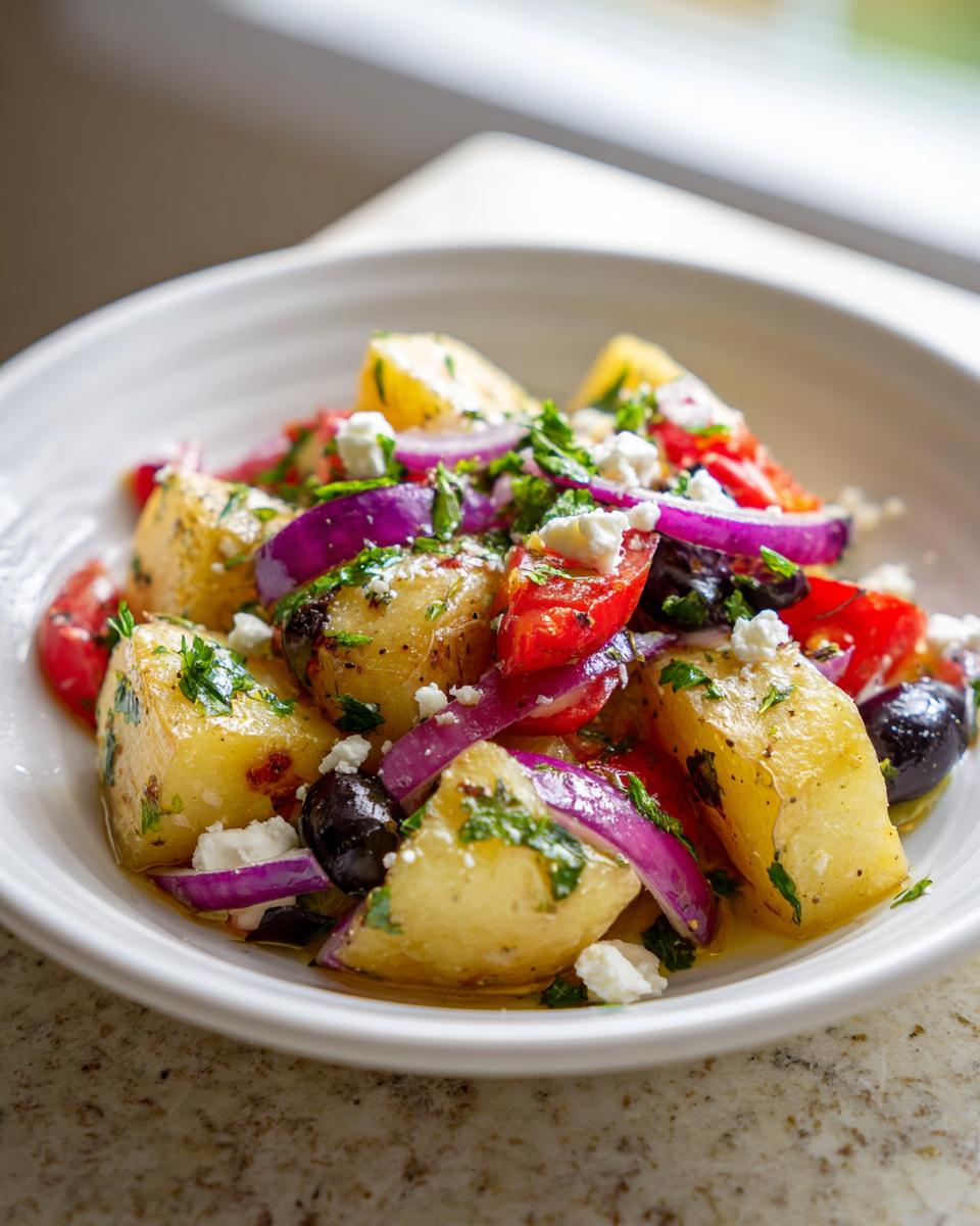A close-up of a bowl of amazing greek potato salad featuring chunks of yellow potato, red onion, tomatoes, olives, and feta cheese.