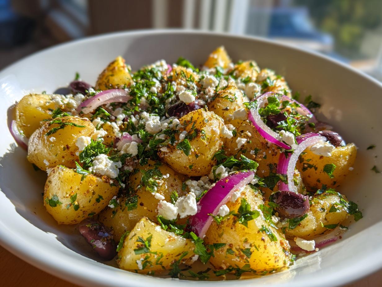 Close-up of a bright bowl of greek potato salad featuring golden potatoes, feta cheese, red onion, and Kalamata olives.