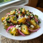 A close-up of amazing greek potato salad featuring chunks of yellow potato, red onion slices, Kalamata olives, and feta cheese.