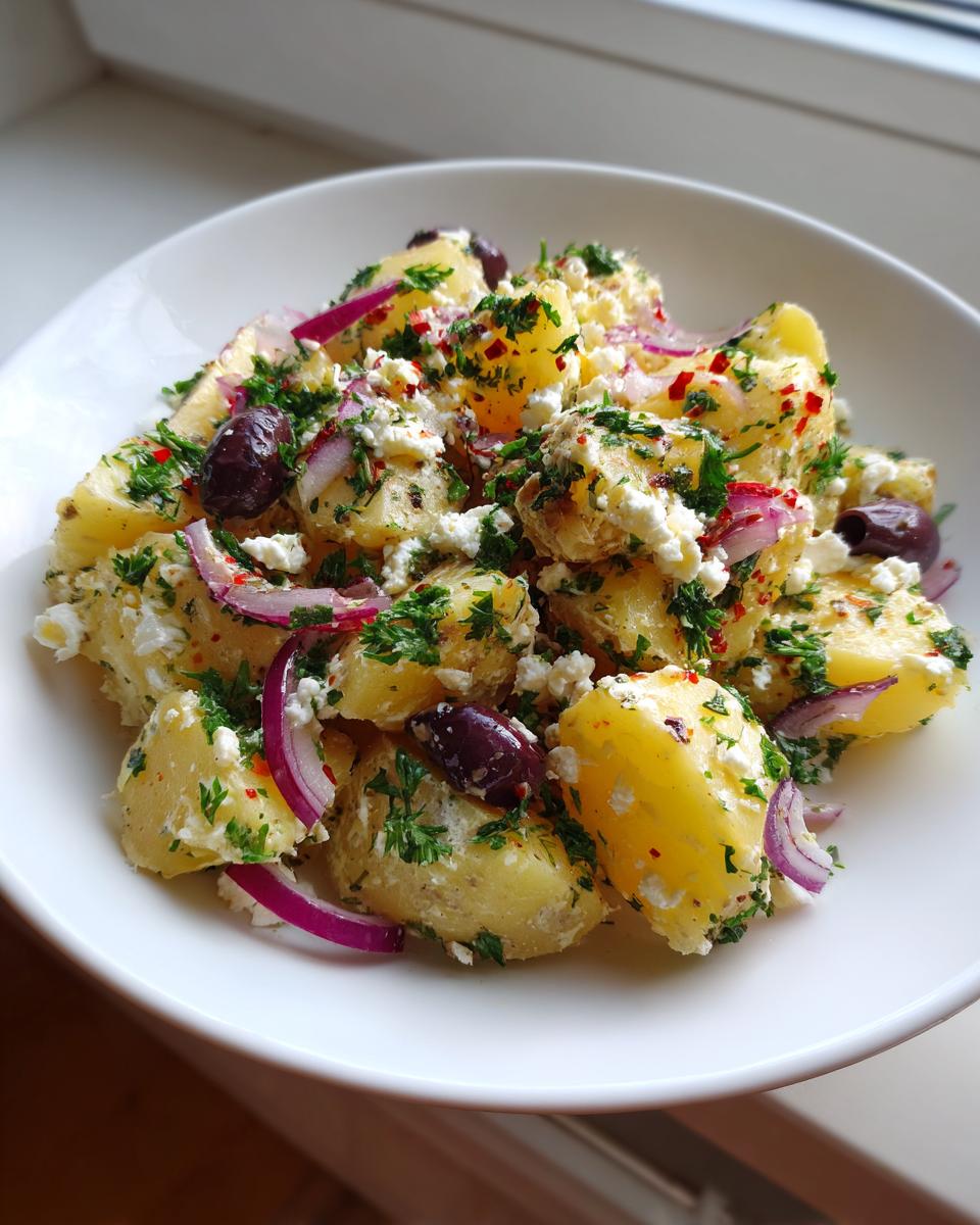 A close-up of a white bowl filled with amazing greek potato salad, featuring chunks of potato, feta cheese, red onion, and Kalamata olives.