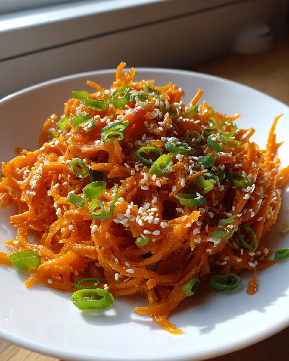 A close-up of a vibrant raw carrot salad, featuring shredded carrots topped with white sesame seeds and sliced green onions.