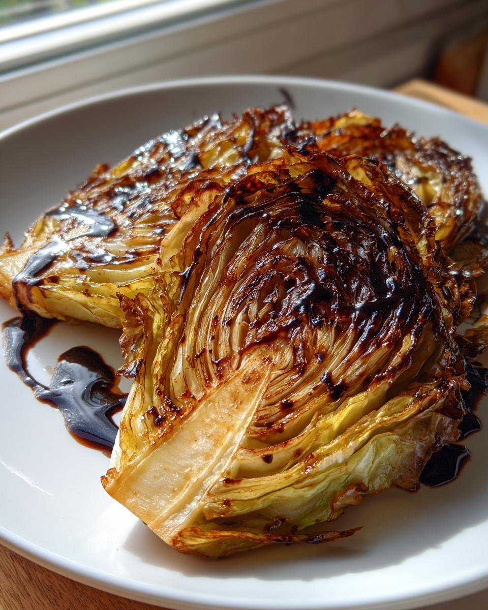 Two thick slices of beautifully caramelized roasted cabbage steaks drizzled with a dark balsamic glaze, served on a white plate.