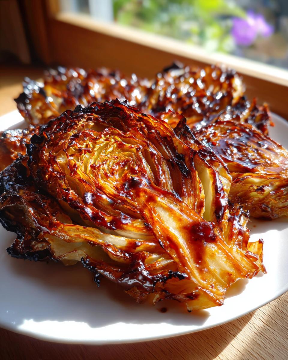 Close-up of caramelized, glazed roasted cabbage steaks served on a white plate, showing crispy edges.