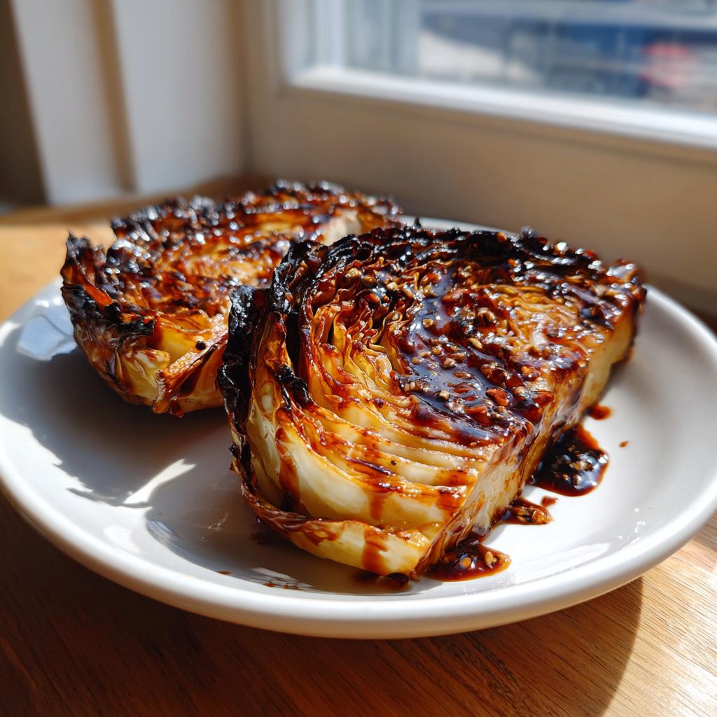 Two thick slices of perfectly roasted cabbage steaks, heavily glazed with a dark sauce and sesame seeds.