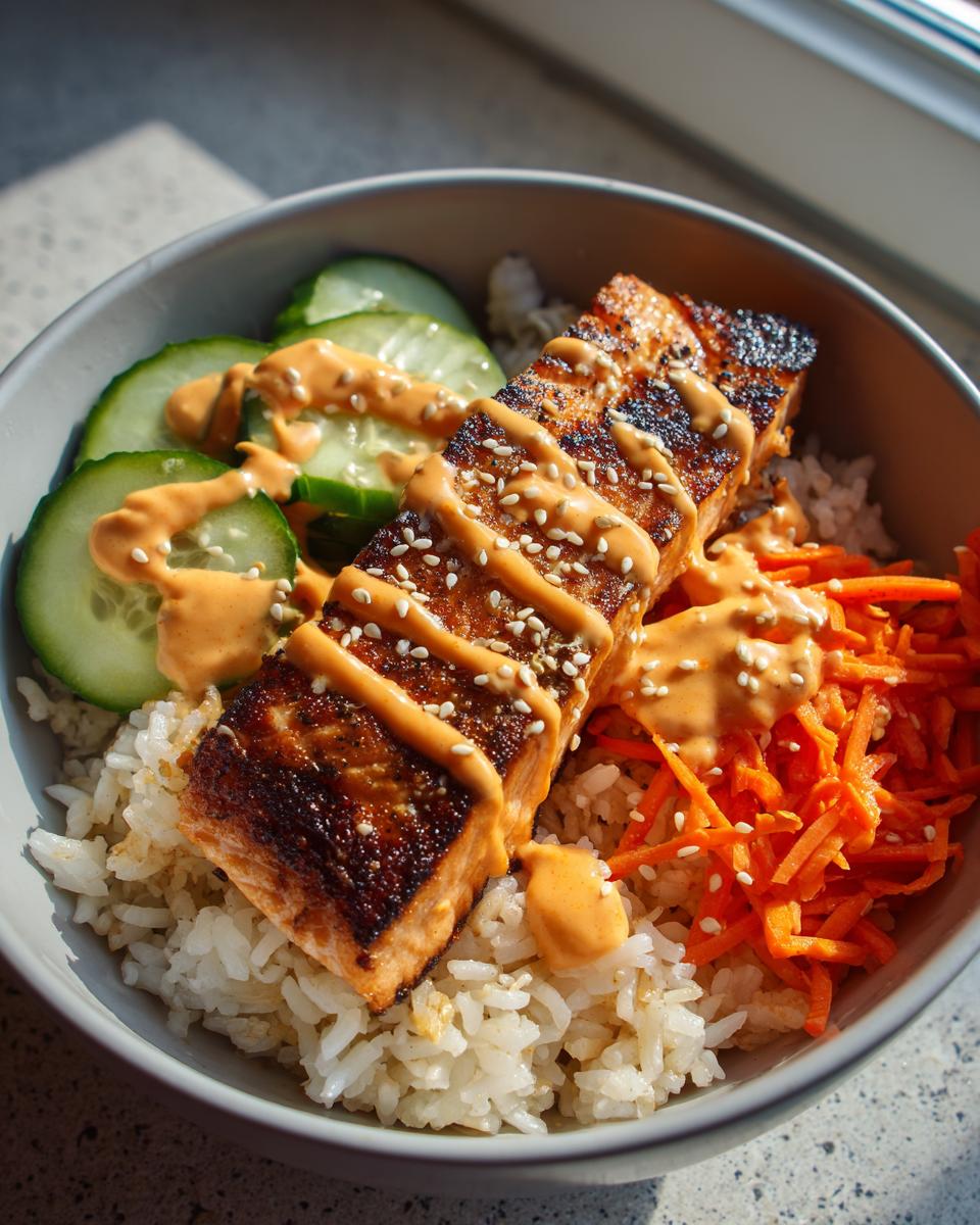Close-up of a delicious salmon rice bowl featuring a seared salmon fillet over white rice, topped with spicy mayo, sesame seeds, cucumber, and shredded carrots.
