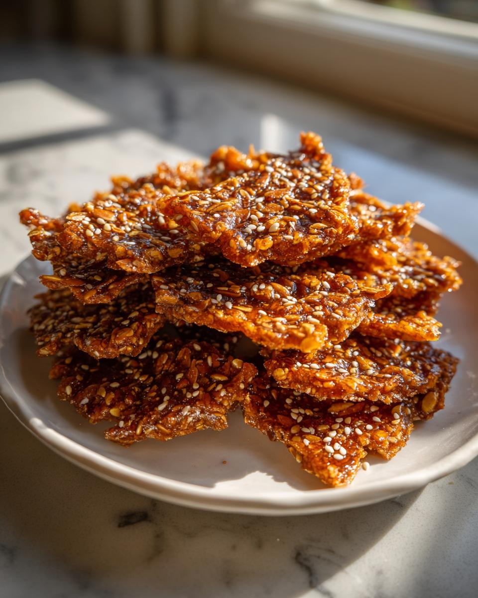 A stack of broken, glossy pieces of homemade seed brittle covered in sesame and flax seeds, served on a white plate.