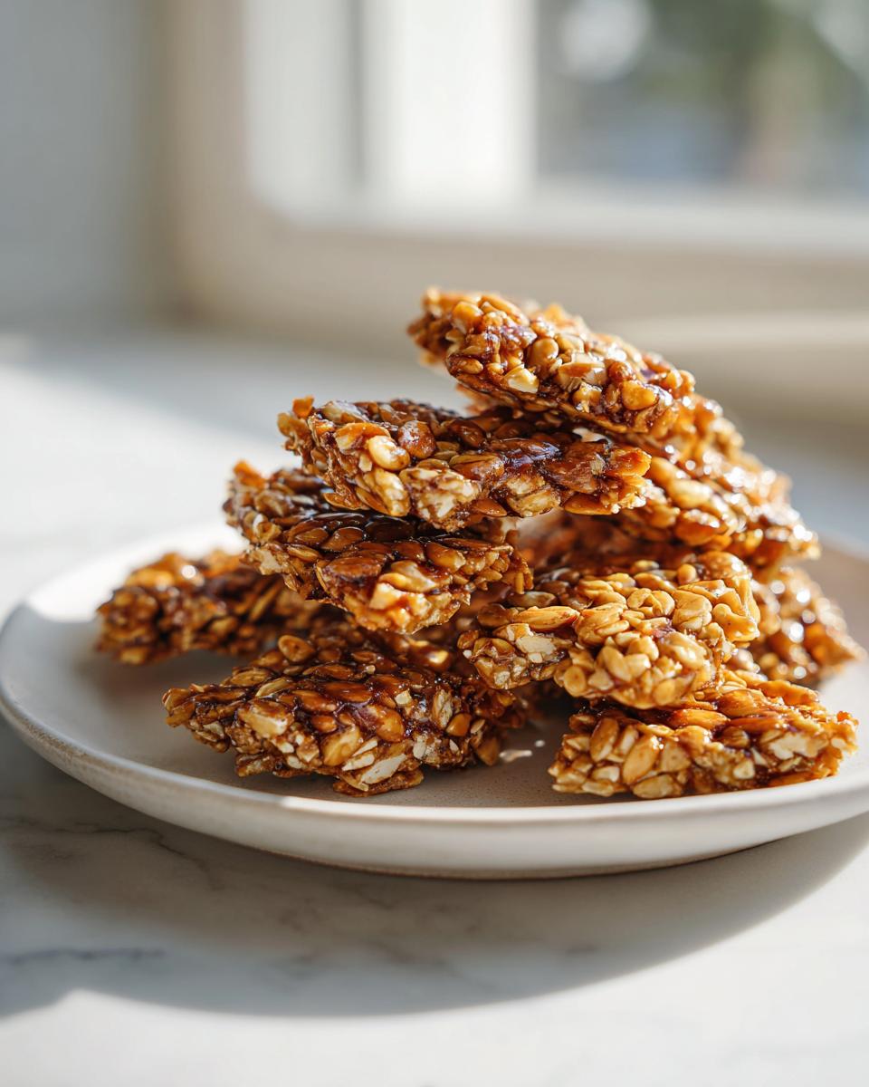 A stack of golden brown, glossy seed brittle bars piled on a light ceramic plate, catching bright sunlight.