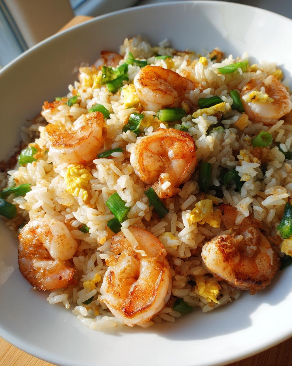 Close-up of a bowl filled with amazing shrimp fried rice, featuring plump shrimp, scrambled egg, and green onions.