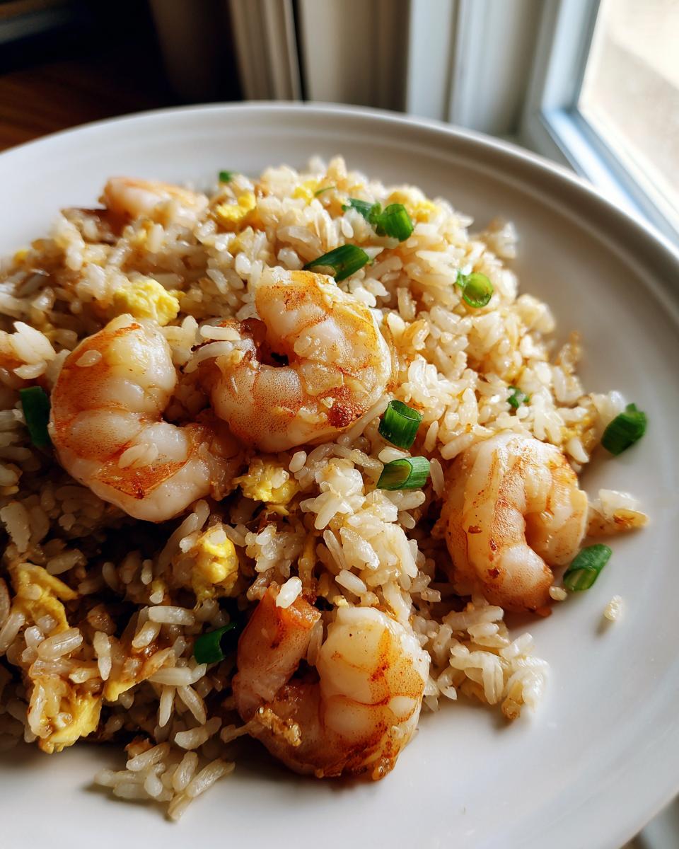 A close-up serving of amazing shrimp fried rice featuring plump shrimp, scrambled egg pieces, and chopped green onions on a white plate.
