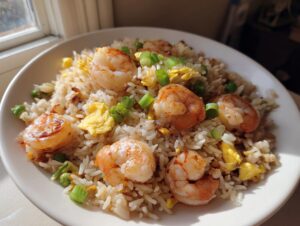 A close-up of a bowl of amazing 20-min shrimp fried rice, topped with plump shrimp, scrambled egg, and green onions.