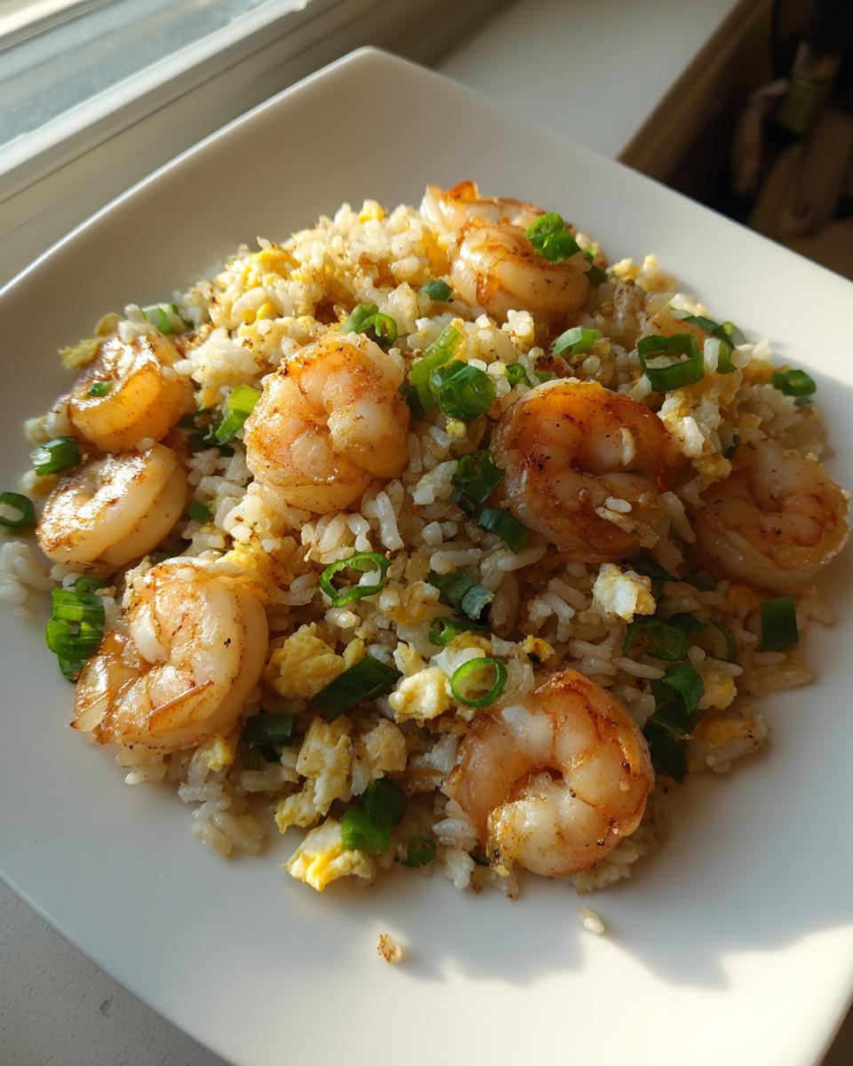 A close-up of perfectly cooked shrimp fried rice with large shrimp and chopped green onions on a white plate.
