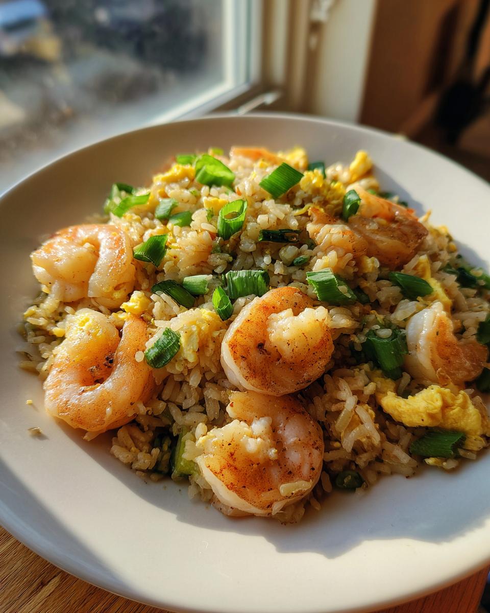 Close-up of a white plate filled with delicious shrimp fried rice, featuring plump shrimp, scrambled egg, and fresh green onions.