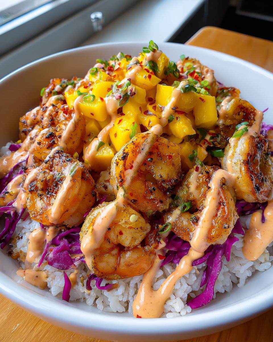 Close-up of vibrant shrimp rice bowls featuring seasoned shrimp, white rice, purple cabbage, mango chunks, and spicy mayo drizzle.