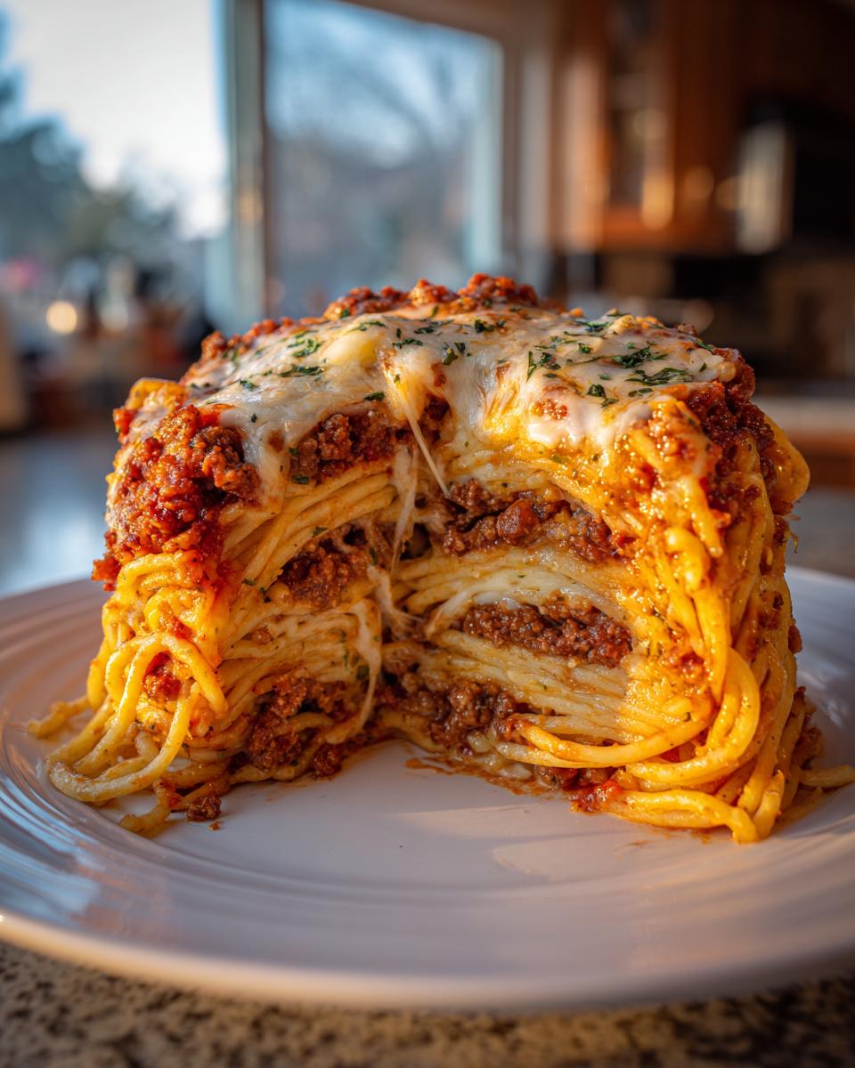 A tall, thick slice of spaghetti pie showing layers of pasta, meat sauce, and melted cheese, served on a white plate.