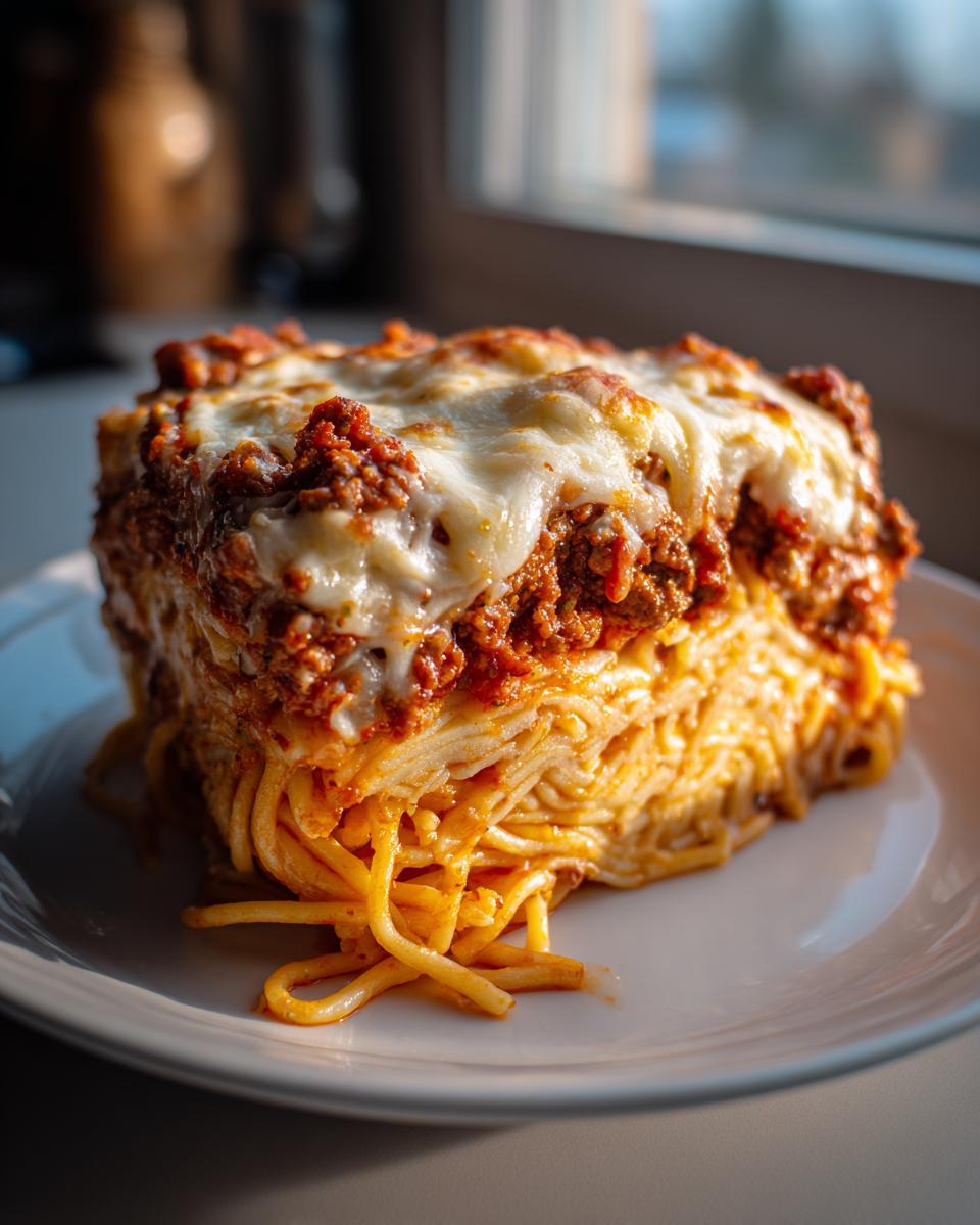 A thick, square slice of baked spaghetti pie topped with meat sauce and melted mozzarella cheese.