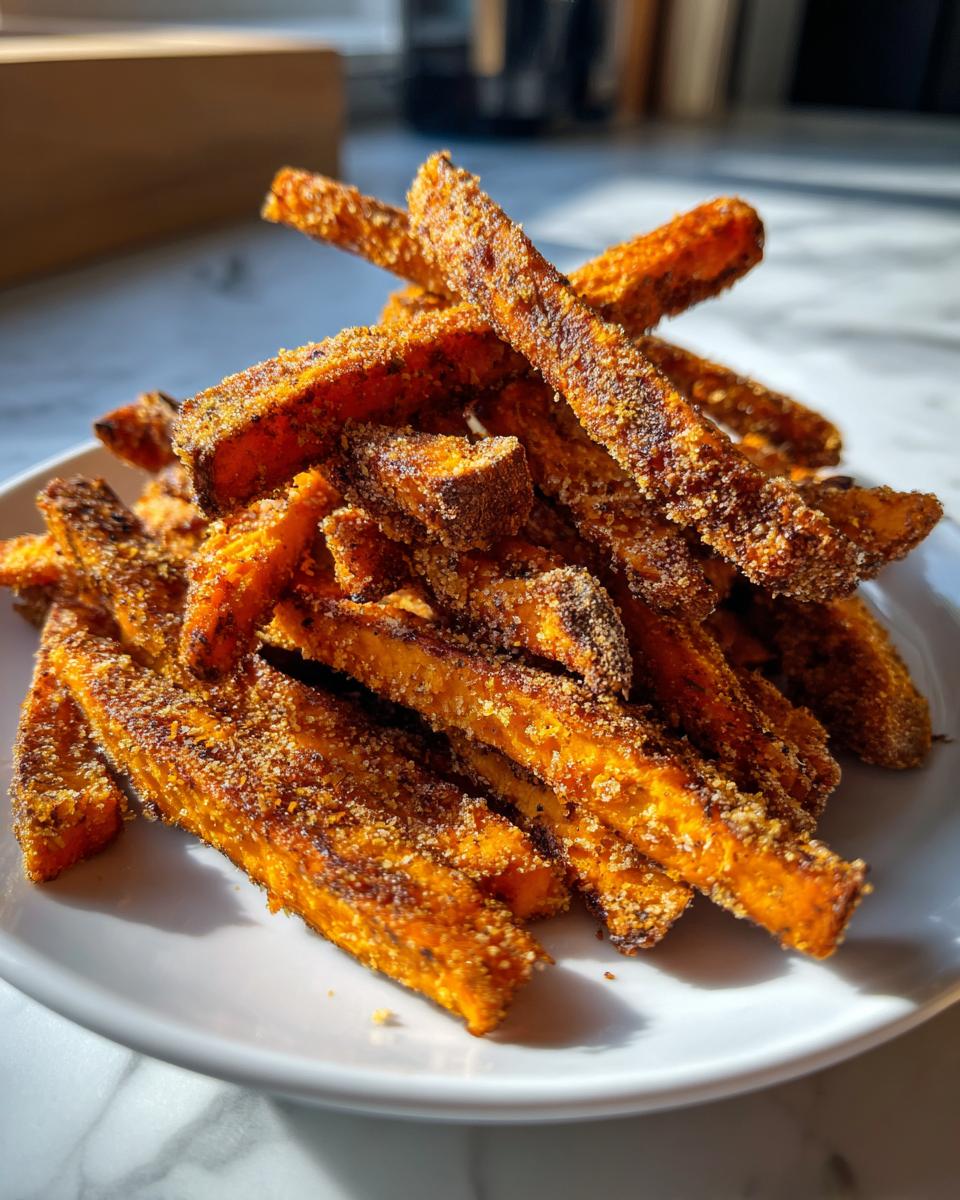 A close-up, sunlit shot of a pile of perfectly cooked, crispy sweet potato fries coated in seasoning on a white plate.