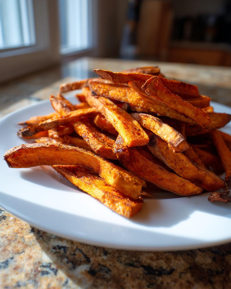 A close-up shot of a pile of golden brown, seasoned sweet potato fries served on a white plate.