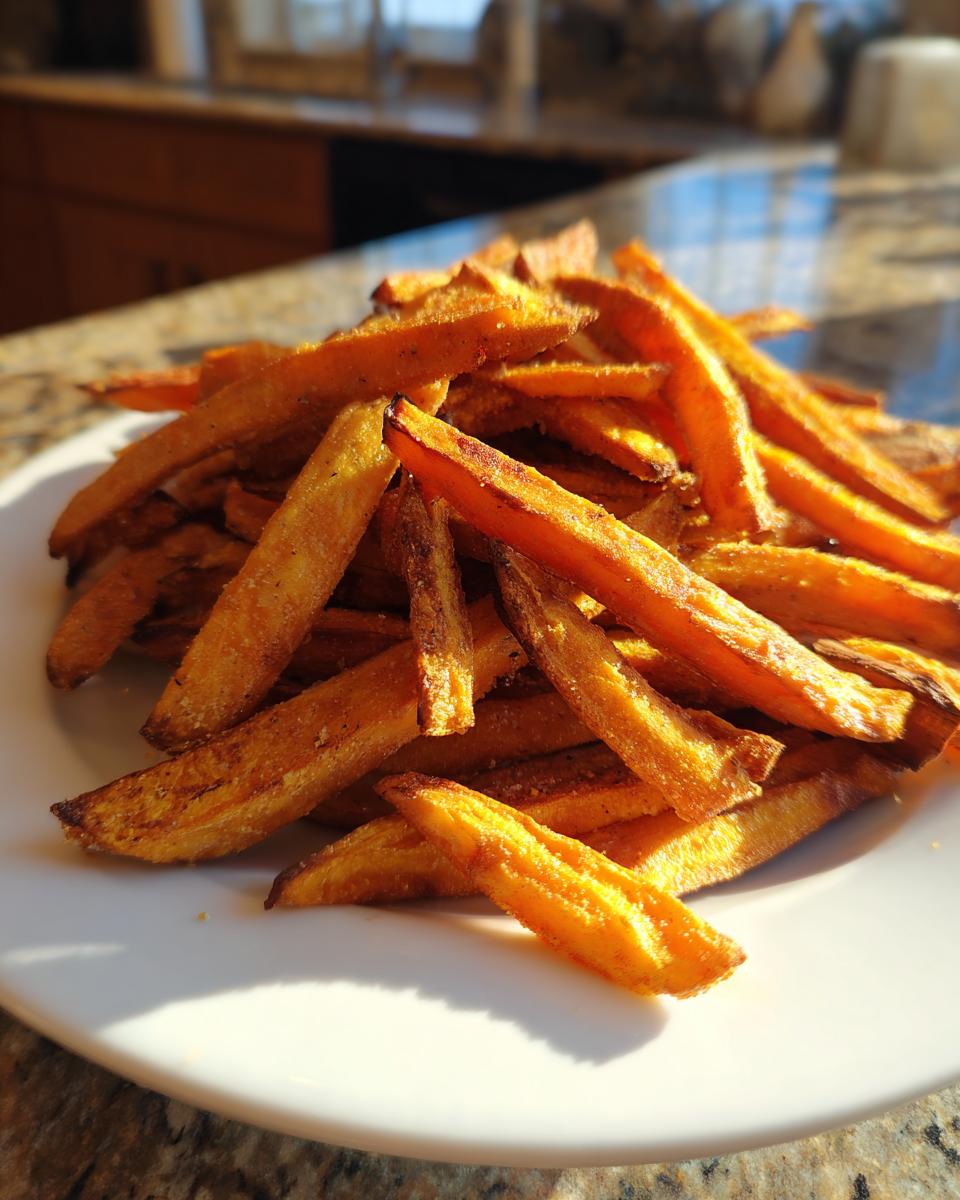 A close-up of a pile of golden, seasoned sweet potato fries served on a white plate.
