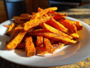 A close-up of a pile of crispy, seasoned sweet potato fries served on a white plate, highlighted by bright sunlight.