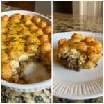 A split image showing a baked tater tot casserole in a dish and a serving on a plate, both topped with melted cheese.