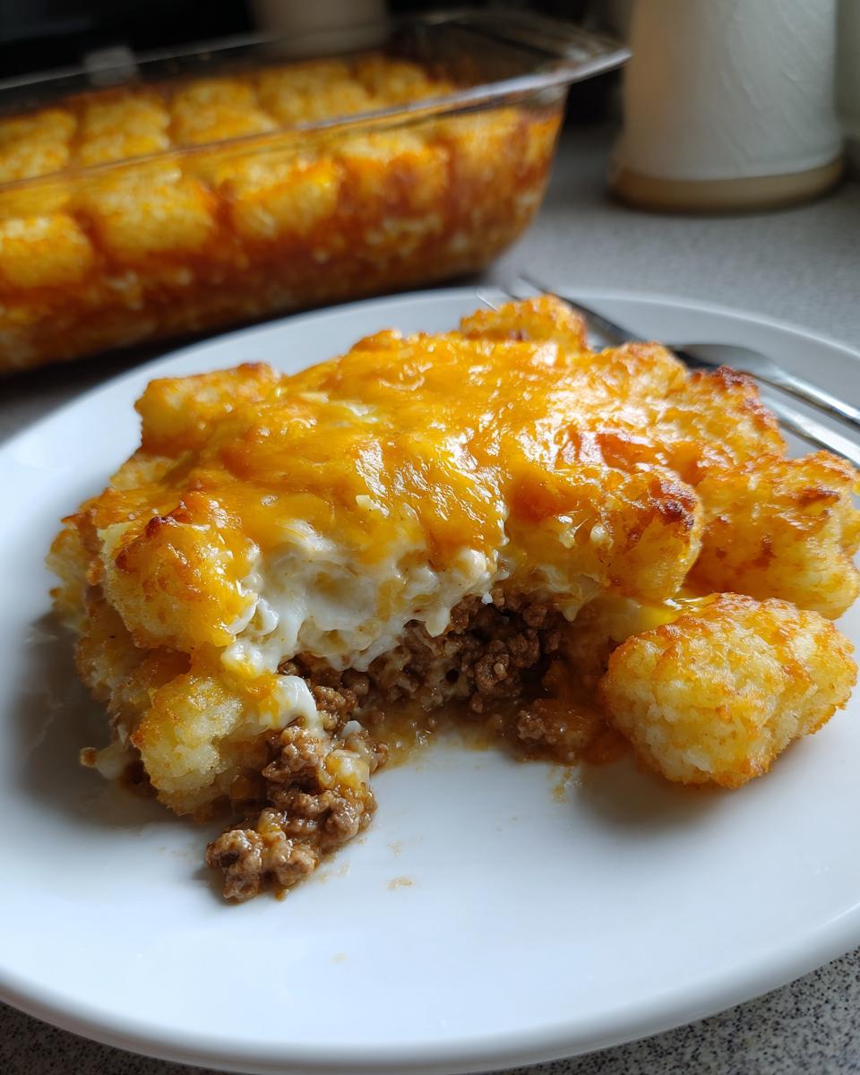 A serving of cheesy tater tot casserole showing layers of ground beef, creamy sauce, and a golden tater tot topping.