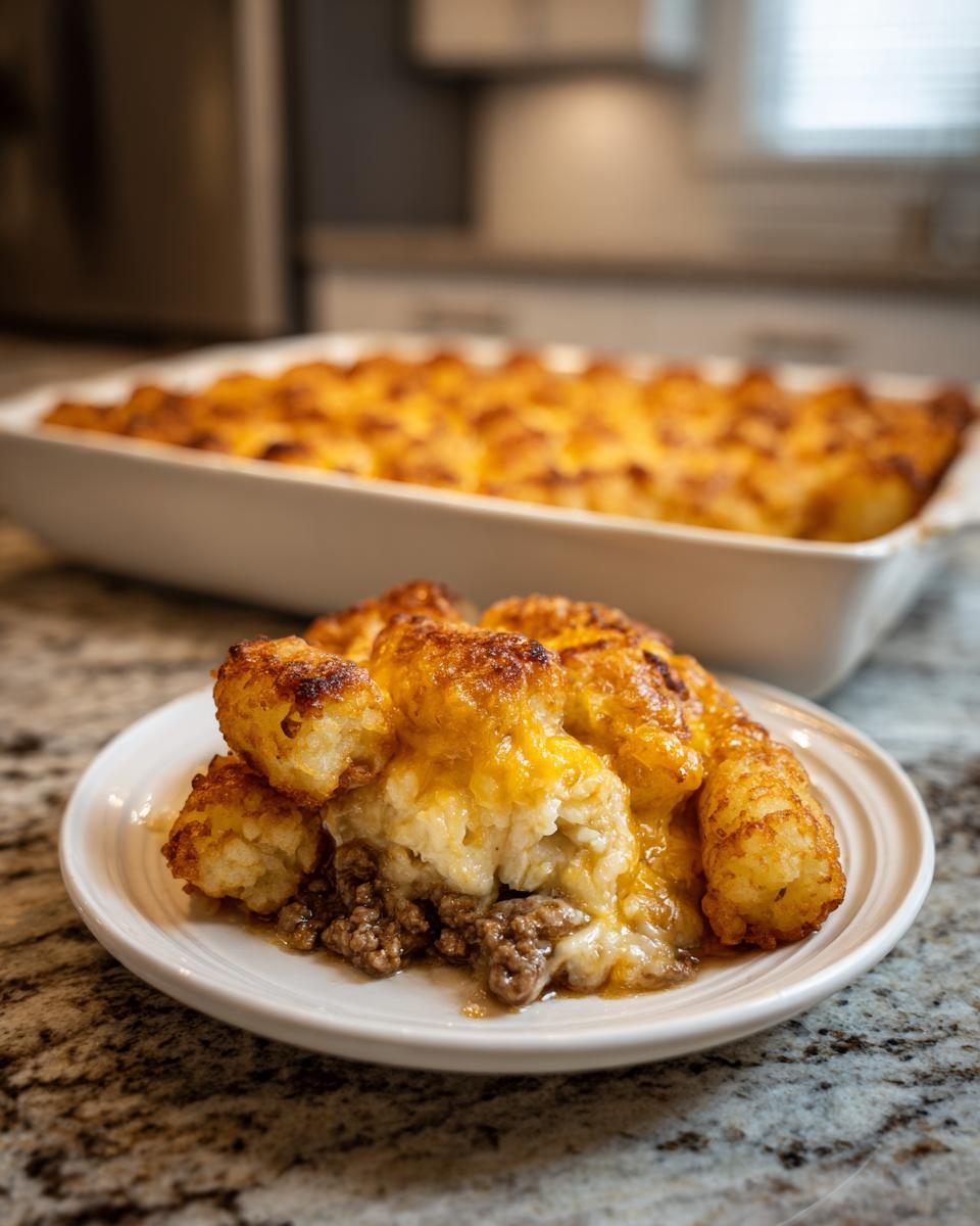 A close-up serving of amazing tater tot casserole showing crispy tater tots, melted cheese, and ground beef filling.