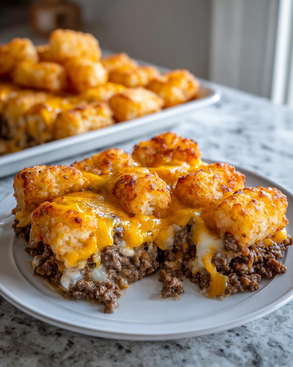 A close-up serving of tater tot casserole showing a layer of ground beef, melted cheese, and crispy tater tots on top.