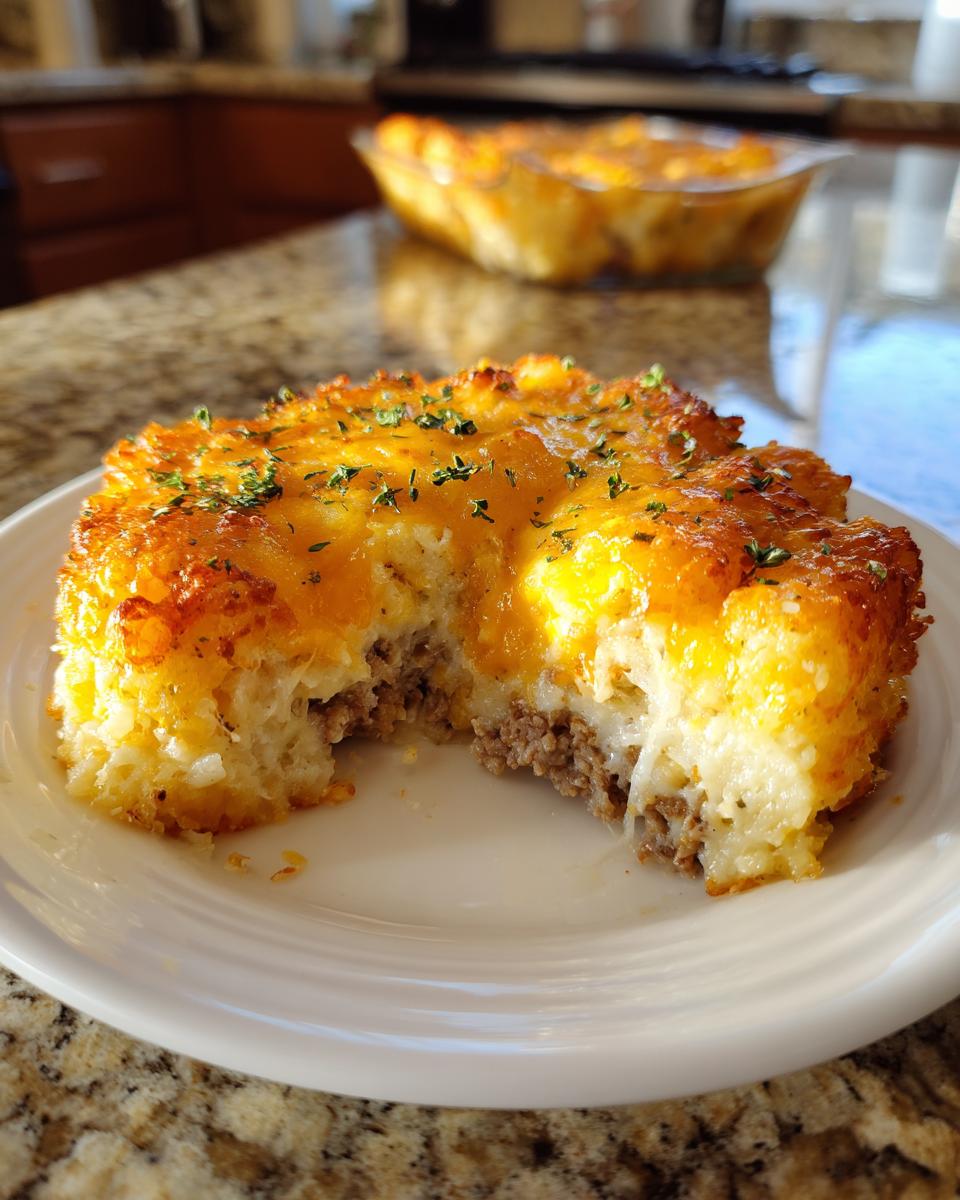 A golden brown slice of tater tot casserole with melted cheese and ground beef filling, sitting on a white plate.