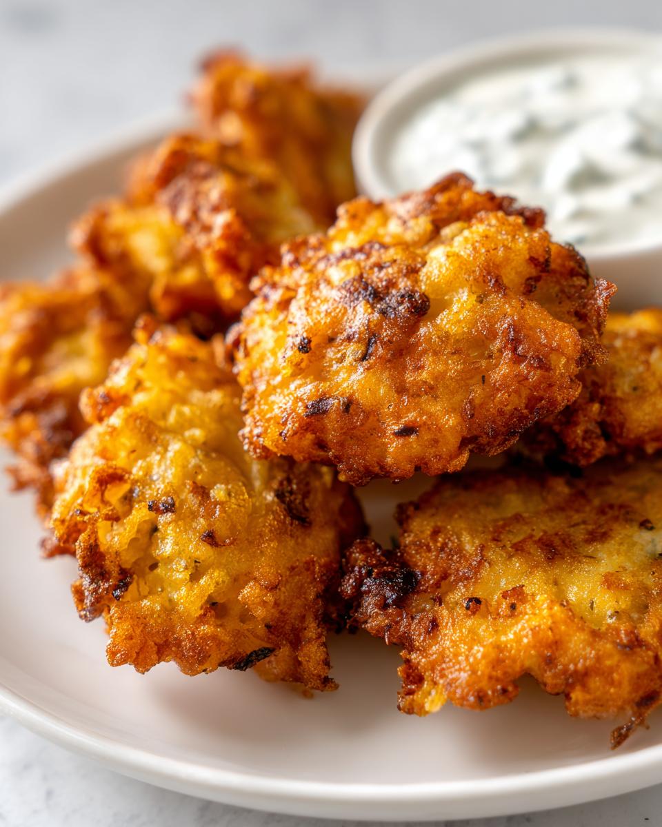 A close-up of several golden brown, crispy Amish onion fritters served on a white plate with a small bowl of dipping sauce.