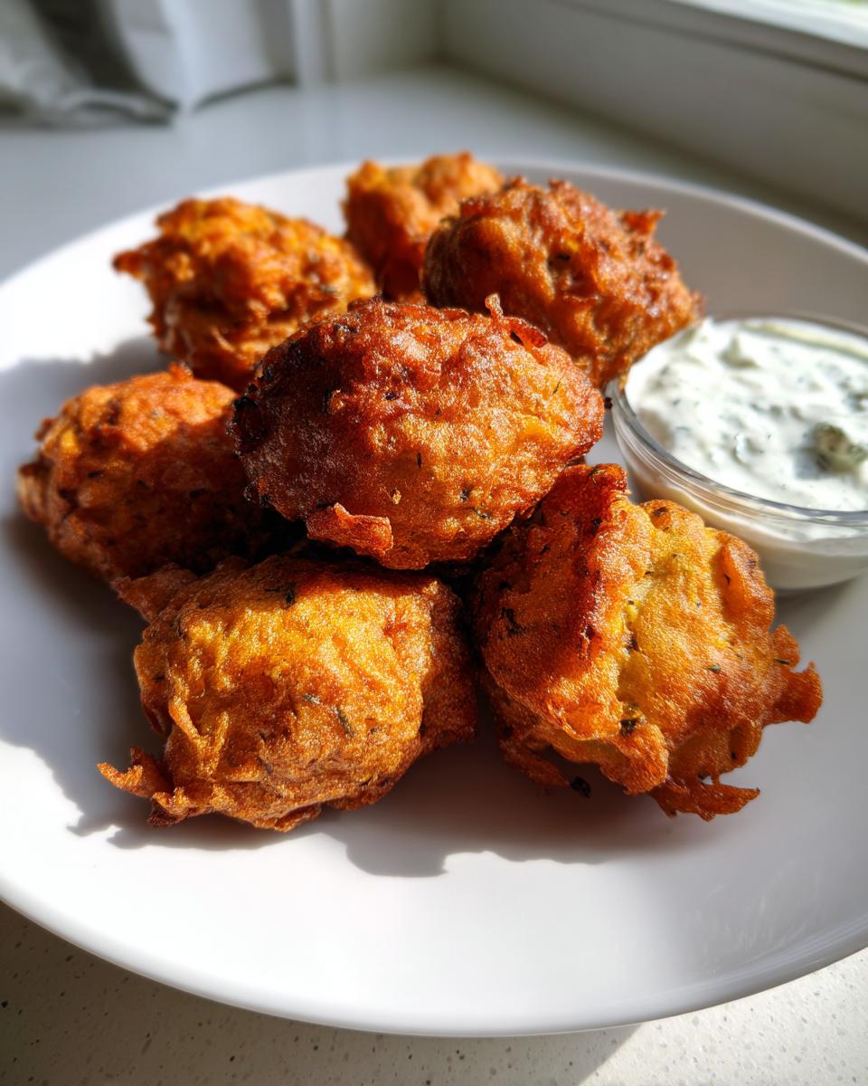 A stack of golden brown, freshly fried Amish onion fritters served on a white plate next to a small bowl of dipping sauce.