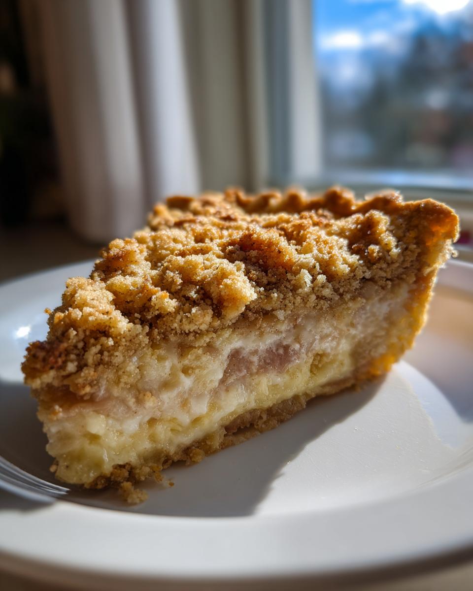 Close-up of a slice of Amish Rhubarb Sour Cream Pie featuring a creamy filling and golden crumb topping on a white plate.