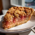 Close-up of a slice of Amish Rhubarb Sour Cream Pie showing pink rhubarb filling and a thick, golden brown crumb topping.