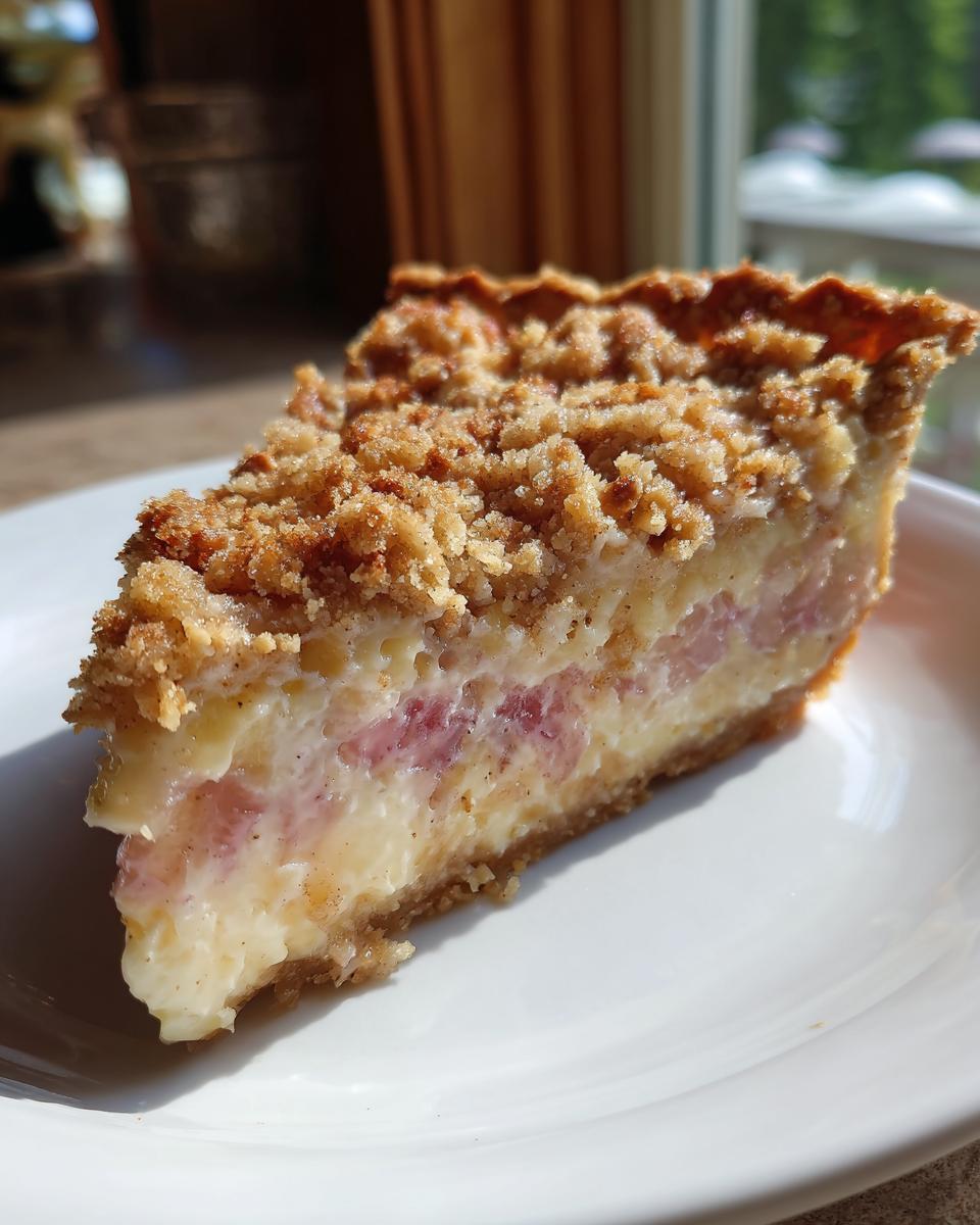 A close-up slice of Amish Rhubarb Sour Cream Pie showing the creamy filling, pink rhubarb pieces, and a thick, golden crumb topping.
