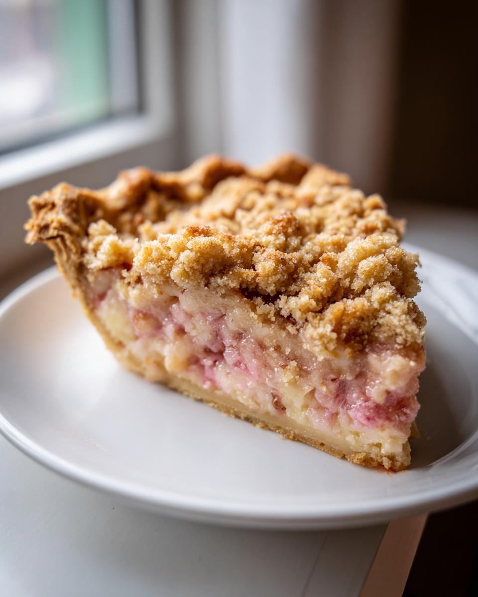A close-up of a single slice of Amish Rhubarb Sour Cream Pie featuring a thick, crumbly streusel topping and pink rhubarb filling.