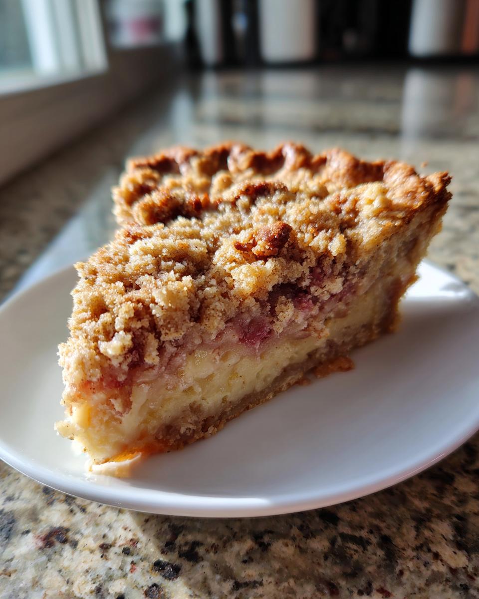 A close-up slice of Amish Rhubarb Sour Cream Pie featuring a creamy filling and thick, golden crumb topping.