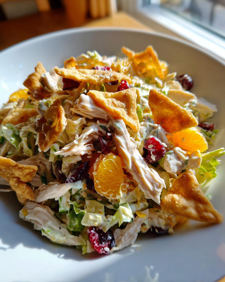 Close-up of creamy asian chicken cranberry salad featuring shredded chicken, mandarin oranges, dried cranberries, and crispy wonton strips.