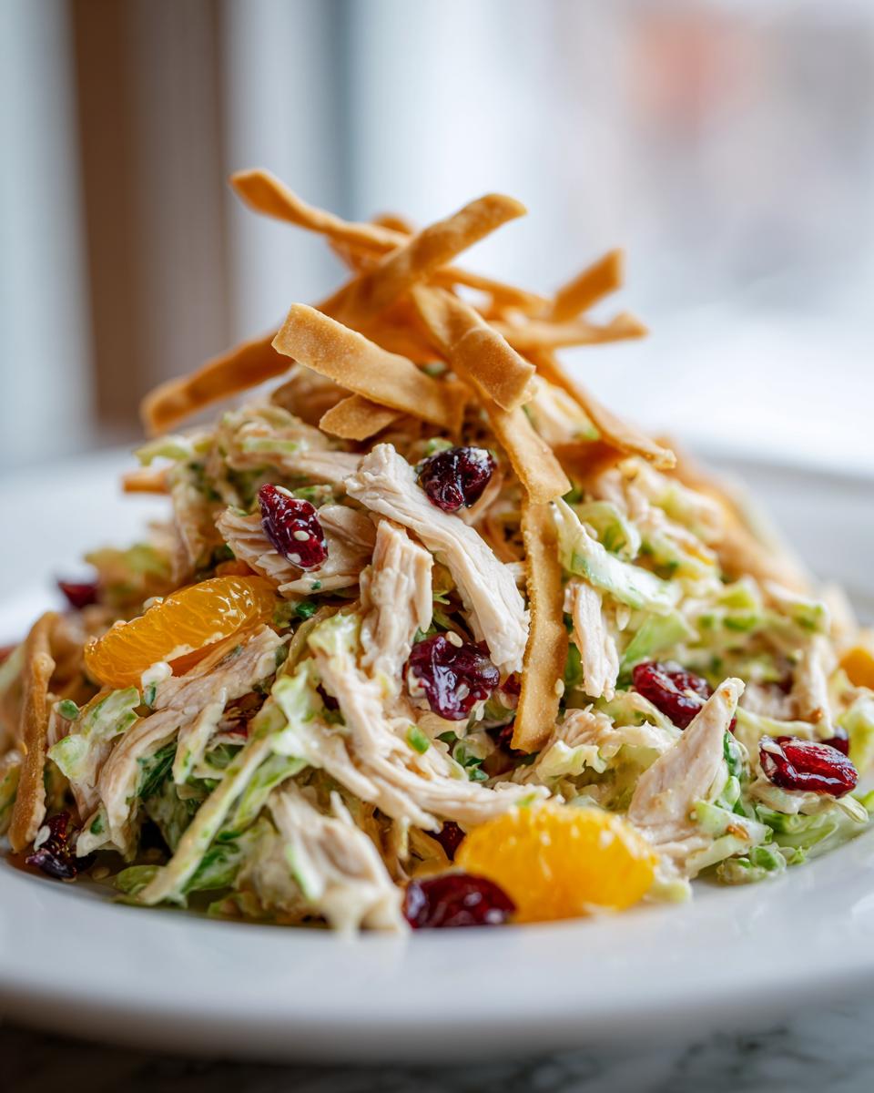 A vibrant mound of asian chicken cranberry salad featuring shredded chicken, mandarin oranges, dried cranberries, and crispy wonton strips.