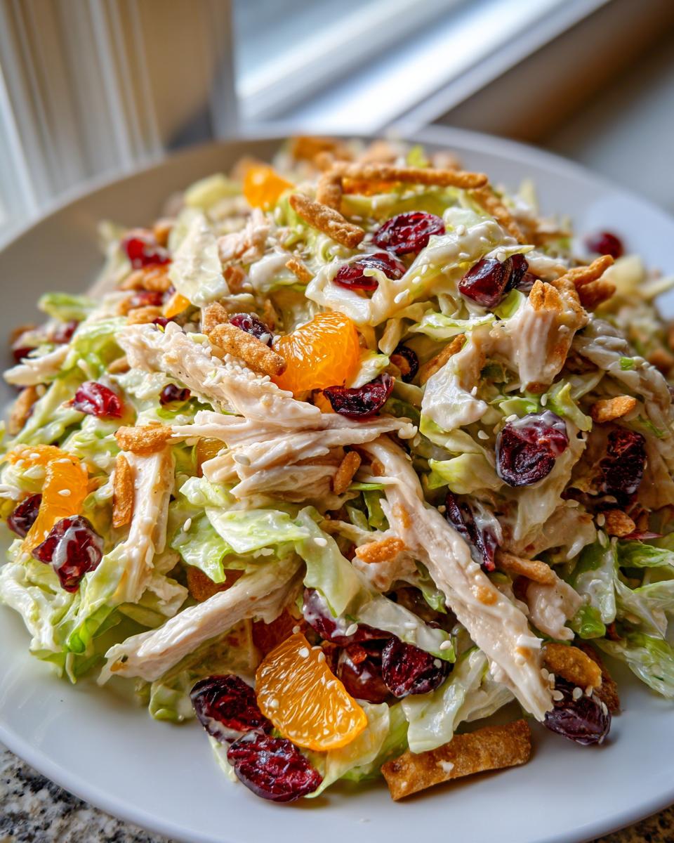 A close-up of a vibrant asian chicken cranberry salad featuring shredded chicken, mandarin oranges, dried cranberries, and crispy noodles.