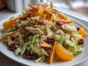 A vibrant plate of asian chicken cranberry salad featuring shredded lettuce, chicken, dried cranberries, mandarin orange slices, and crispy wonton strips.
