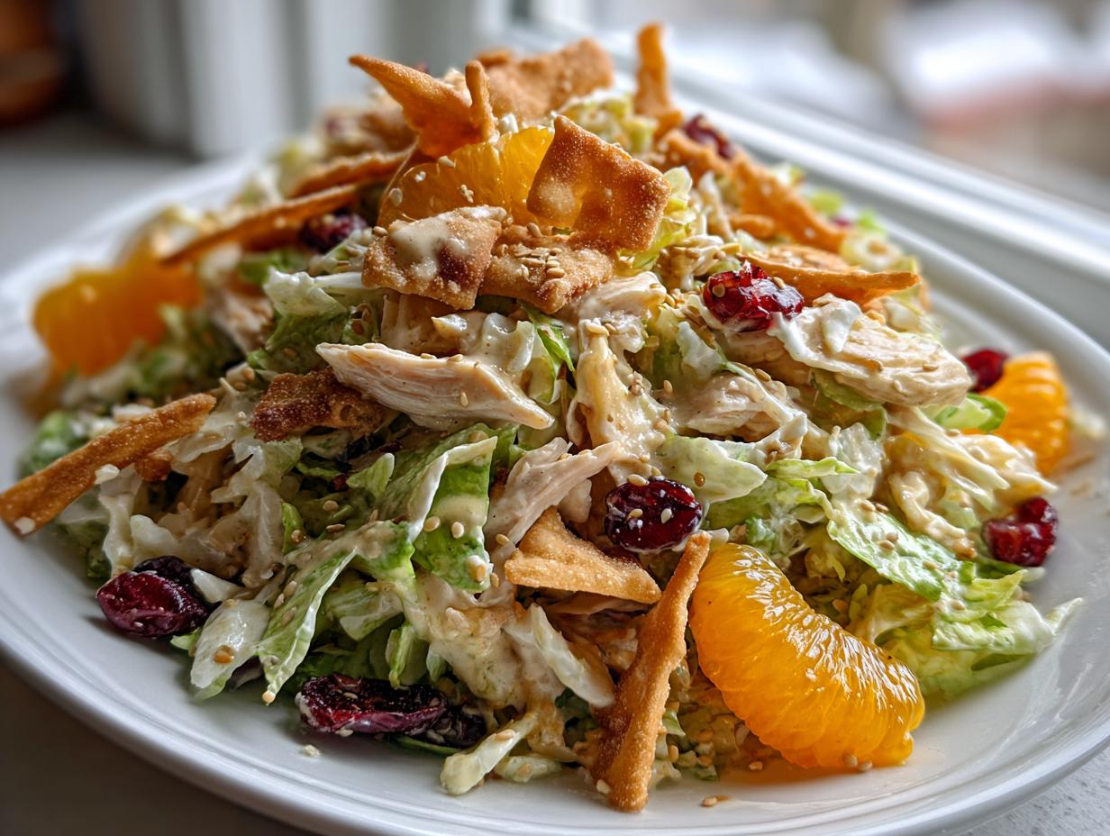 A vibrant plate of asian chicken cranberry salad featuring shredded lettuce, chicken, dried cranberries, mandarin orange slices, and crispy wonton strips.