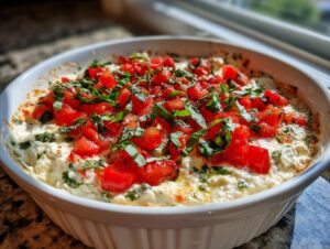 Close-up of a warm, baked boursin bruschetta dip topped generously with diced tomatoes and fresh basil.