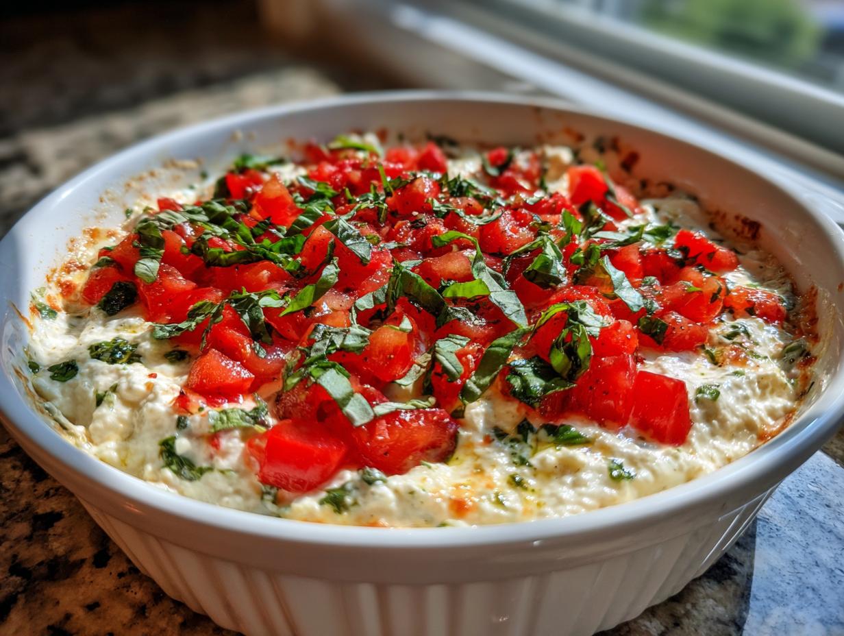 Close-up of a warm, baked boursin bruschetta dip topped generously with diced tomatoes and fresh basil.