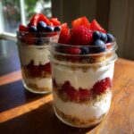 Two mason jars filled with a layered cottage cheese dessert, topped with fresh strawberries, blueberries, and raspberries.