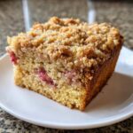 A close-up photo of a square slice of Big Crumb Rhubarb Coffee Cake on a white plate, showing the moist cake and thick, golden crumb topping.