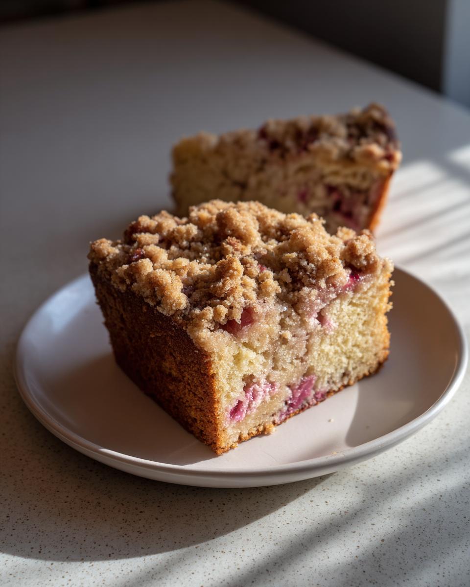A close-up of a moist slice of Big Crumb Rhubarb Coffee Cake served on a white plate, showing the thick streusel topping and pink rhubarb pieces.